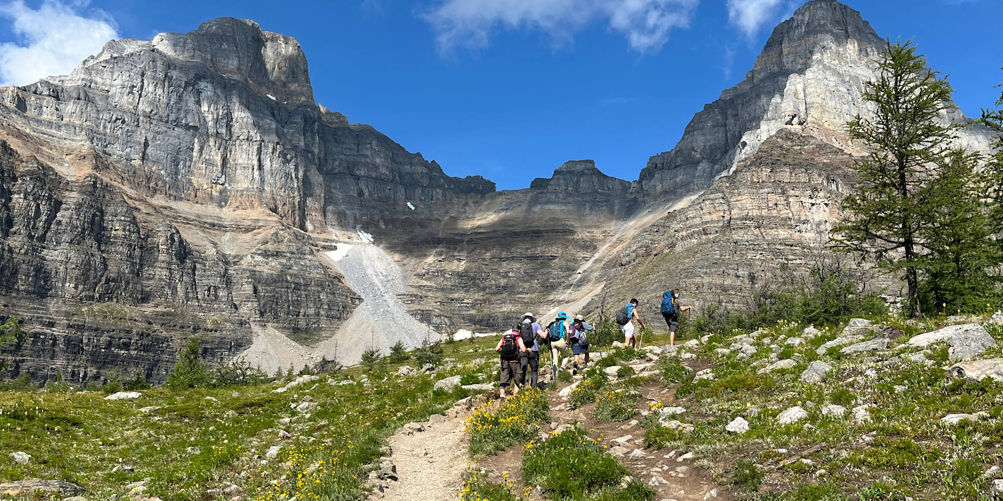 Family group hiking in the Sentinel Pass area in the Canadian Rockies
