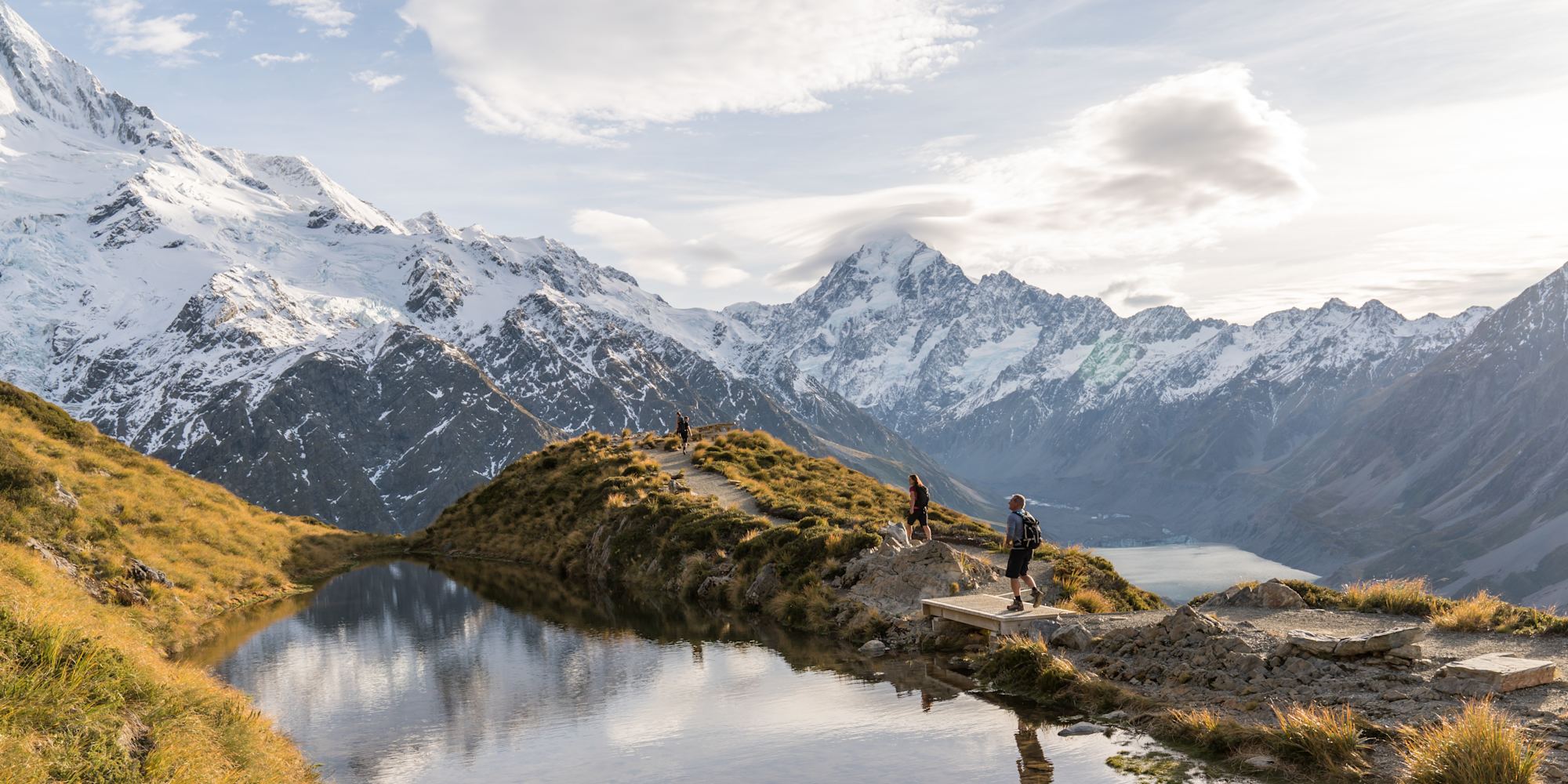 Hikers in Aoraki Mount Cook National Park Sealy Tarn Track