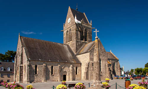 Sainte-Mère-Église church in the historic village of Sainte-Mère-Église, Normandy, France