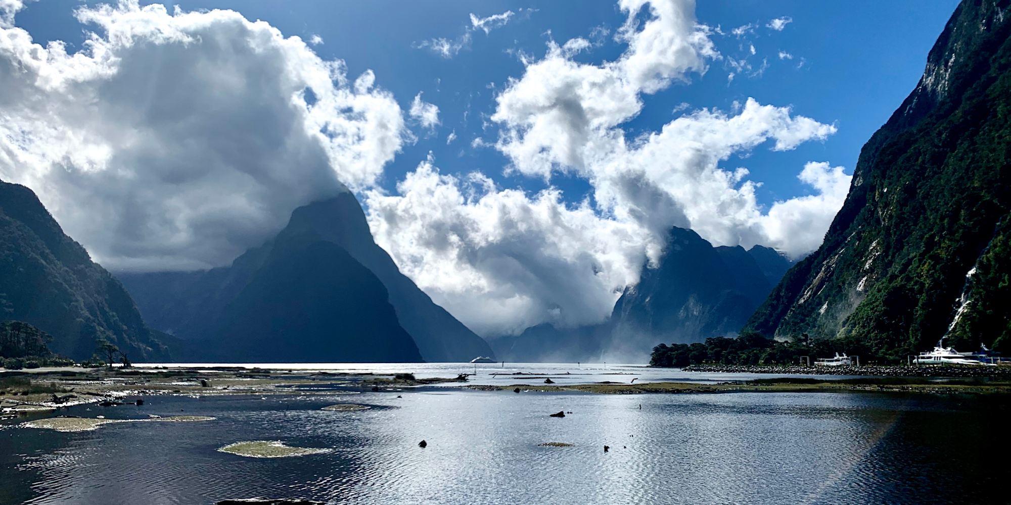 View towards Mitre Peak in Milford Sound New Zealand